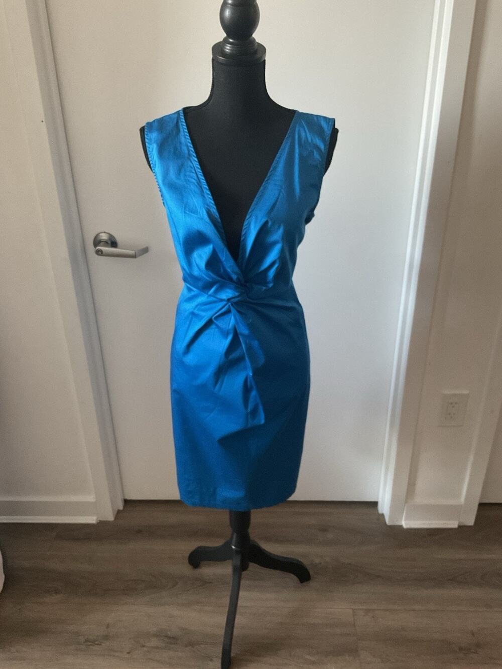 Love Moschino Blue Cotton Elastane Twist Waist V- Neck Sheath Dress US 8 IT 44